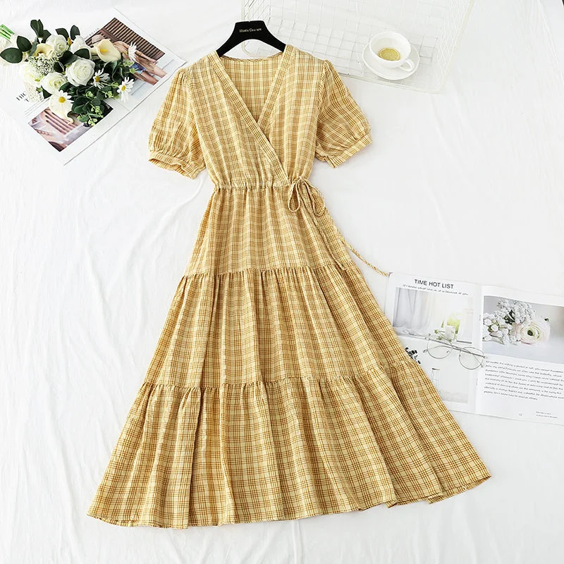 Women's Clothing For Holiday Travel Cute plaid v neckline dress fashion dress  478