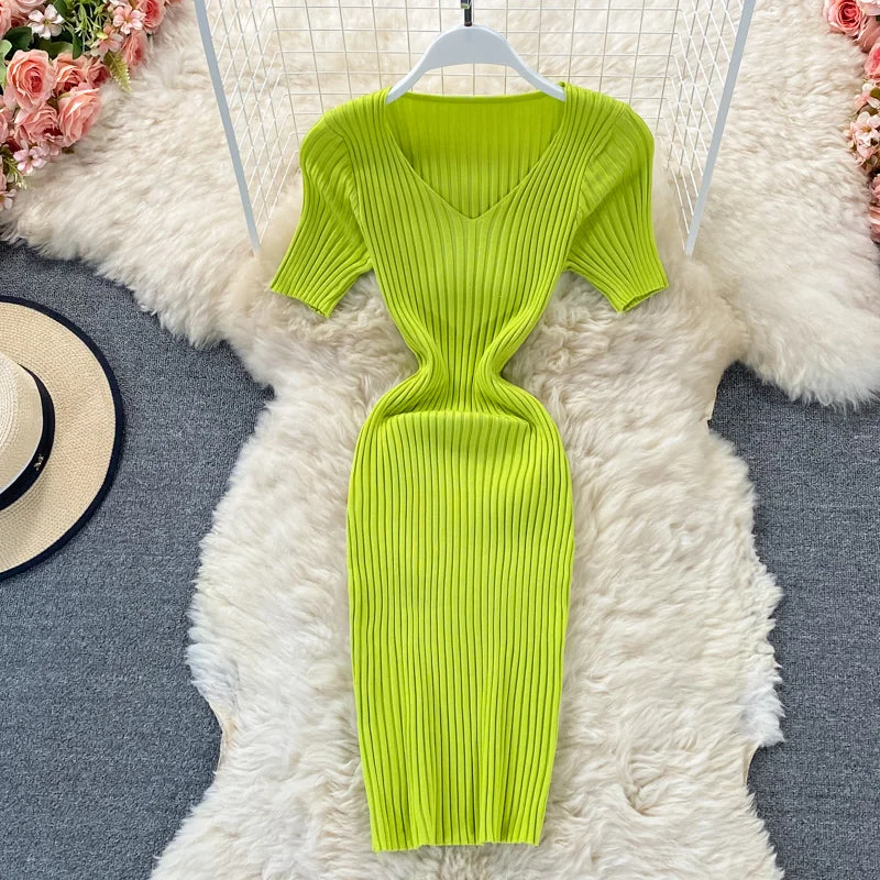 Vintage Fashion V-neck slim knit dress Hip Wrap  2973