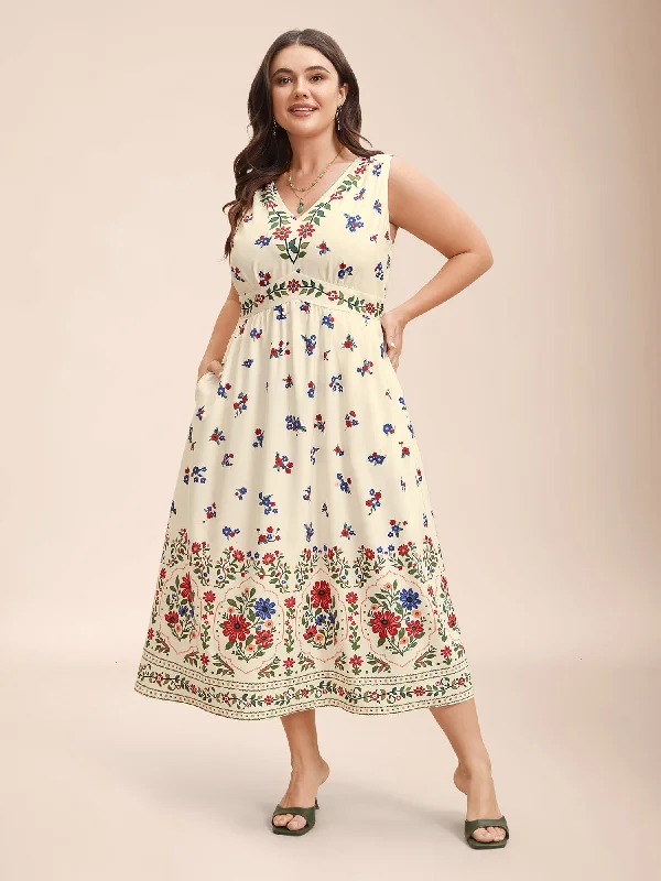 Women's Clothes for All-Day Comfort and Style Floral Print V-Neck Waist-Cinched Dress