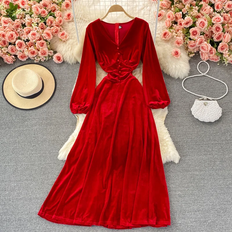 Bundle Offer V-neck temperament high waist slim velvet dress  3089