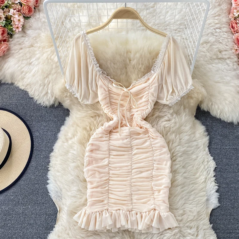 Women's Travel Outfit Set French Ruffle sweet square neck dress  2797