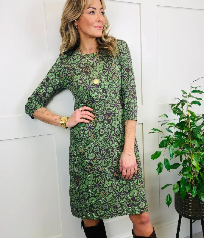 Women's Urban Fashion Green Starshine Printed Pocket Dress