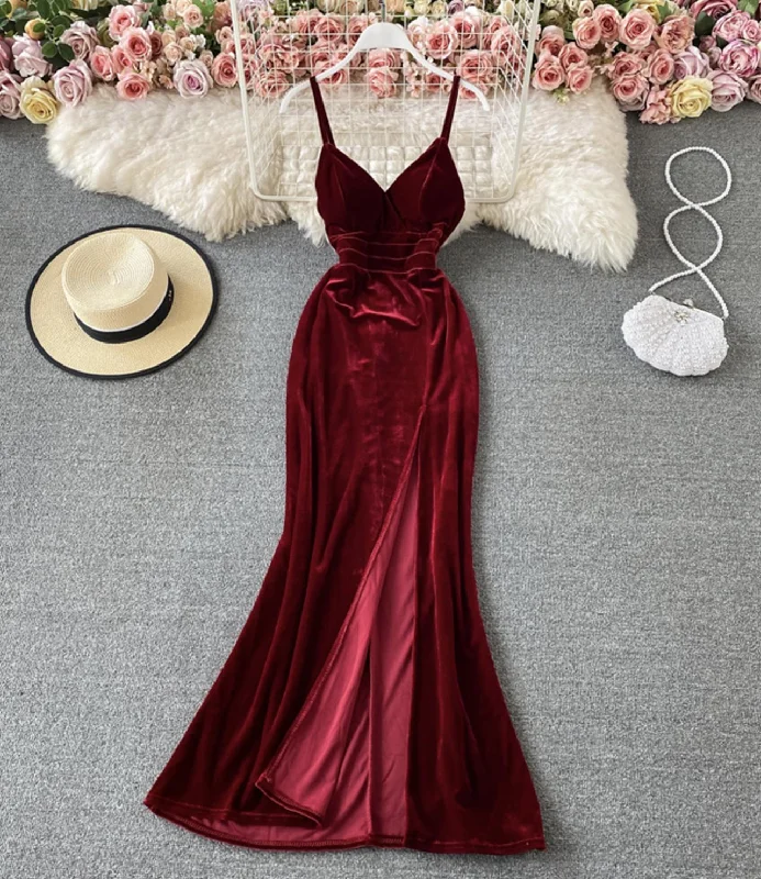 Clothes For Women Burgundy velvet long dress  753