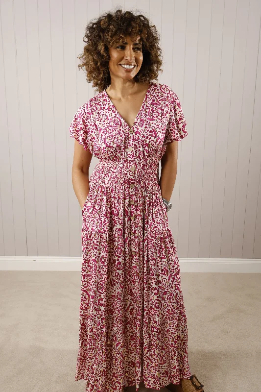Women's Relaxed Clothes Gold Leaf Maxi Dress Magenta