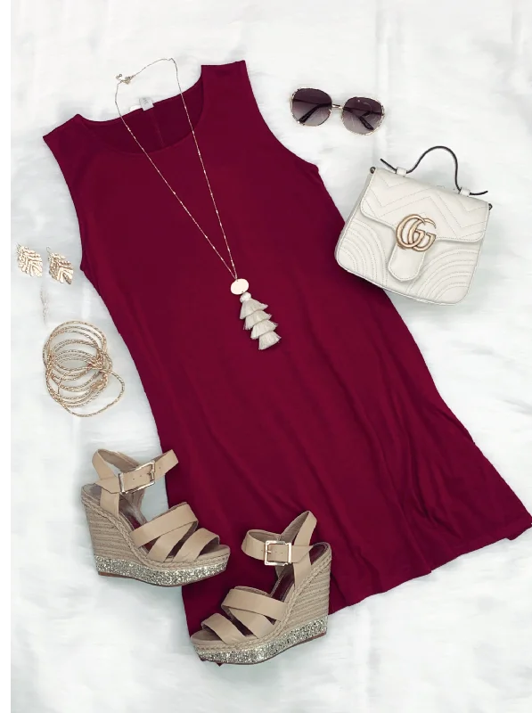 VIP Member Discount Basic Pocket Tank Dress - Wine