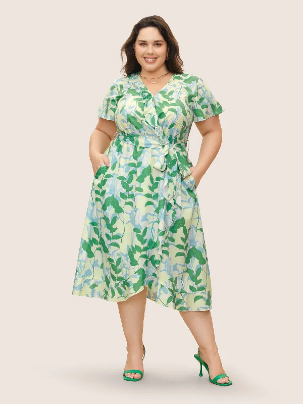 Women's Clothing For Outdoor Events Surplice Neck Floral Print Ruffle Trim Dress