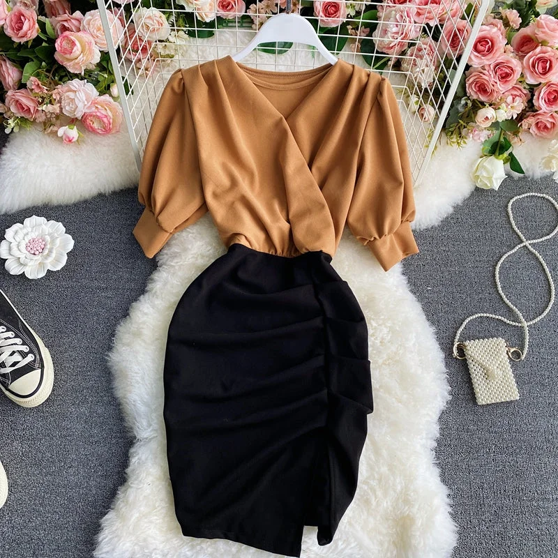 Women's Clothes For Work Events Light familiar commuter V-neck Pleated Dress  3291