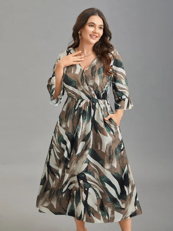 Classic Women's Clothing Styles Abstract Print Lotus Leaf Cuff Pockets Dress