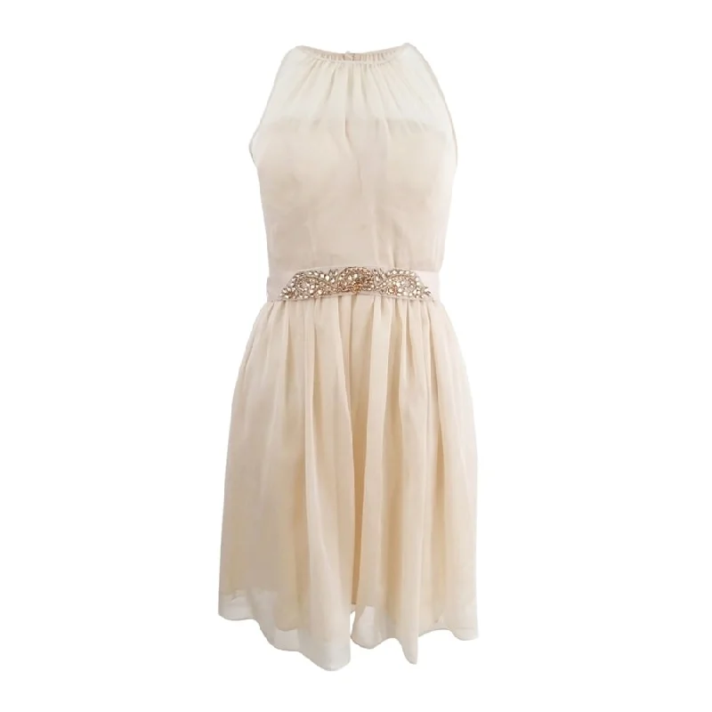 Casual and Comfortable Outfits Adrianna Papell Women's Belted Chiffon Halter Dress (2, Almond)