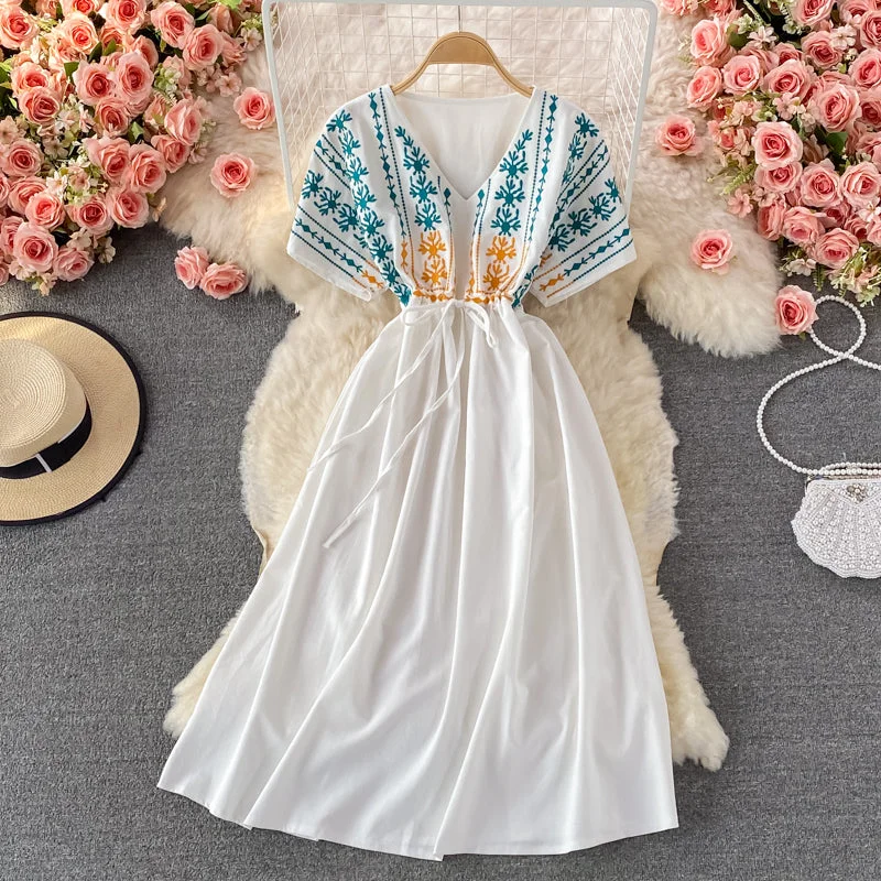 Easygoing Women's Style Embroidered V-neck cotton linen dress  3078