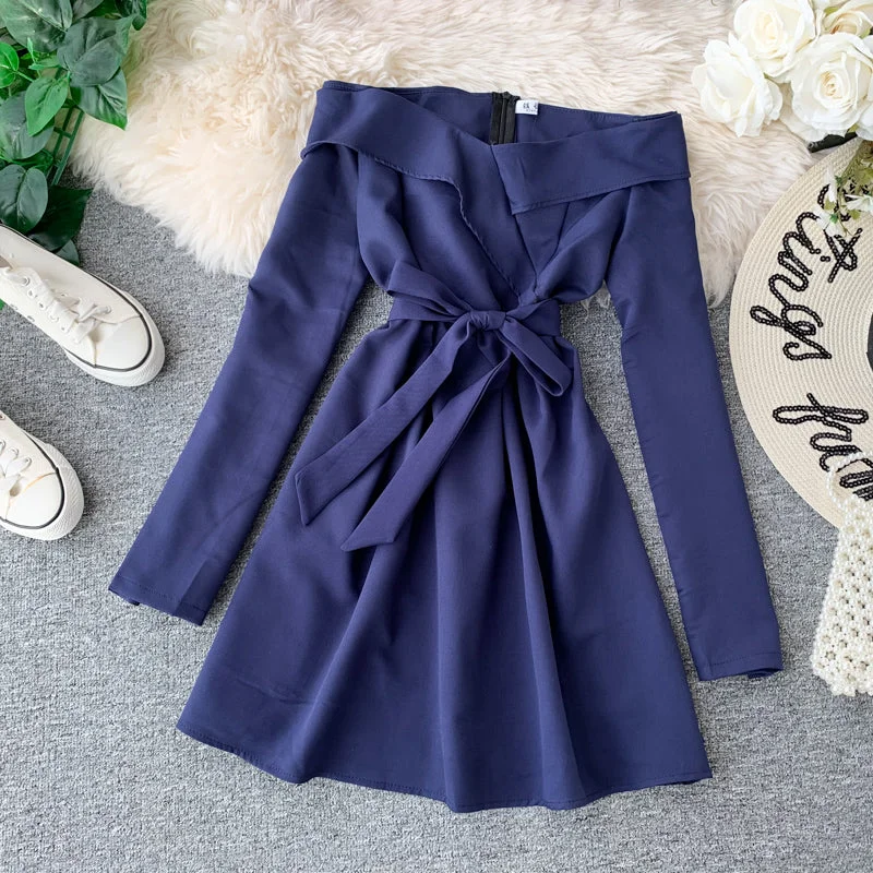 Discount Store Sexy one line neck waist slim dress  2874