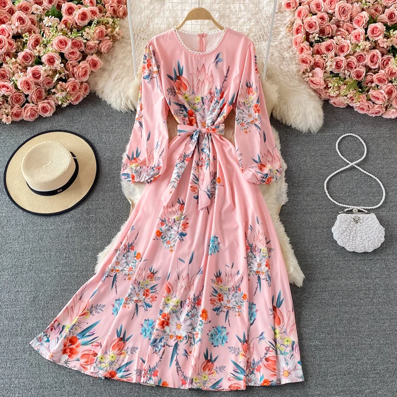 Chic Clothes For Women Court Style Vintage Lace Up waist slim print Crew Neck Dress  3211
