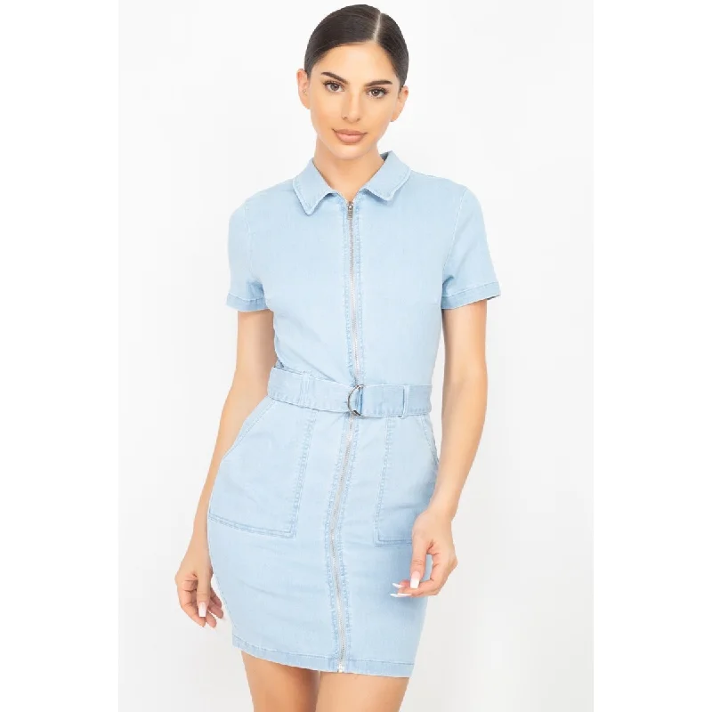 Premium Fashion Light-Denim Belted Bodycon Collared Dress