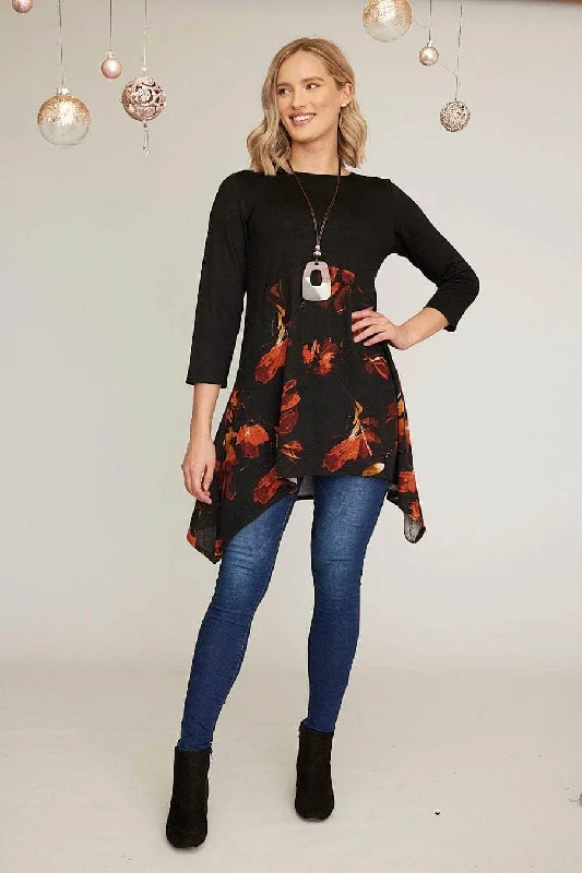Women's Plus-Size Clothes Saloos Autumn Leaves Print Tunic Dress with Necklace