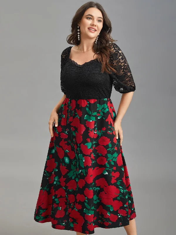 Women's Elegant Clothing Sets Mix Print Sheer Lace Sleeve Maxi Dress