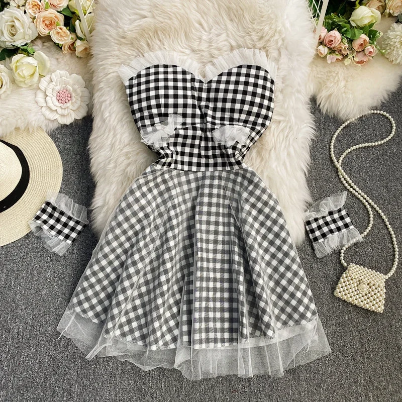 Relaxed Fit Women's Fashion Strapless Plaid Dress waist A-line short skirt  3413