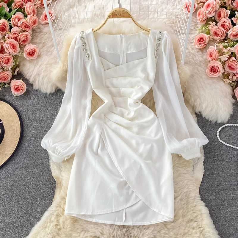 Women's Active Outfit For Fitness Korean French retro bubble sleeve temperament square neck dress  2866