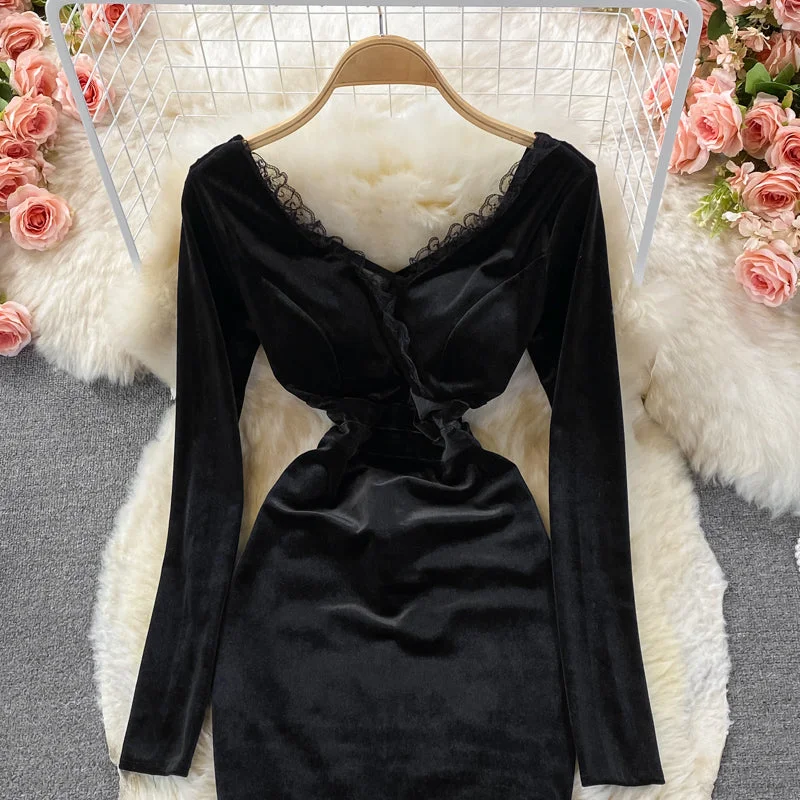 Fashionable Women's Clothing Sexy deep V-neck lace stitched velvet dress  3102