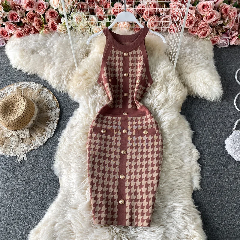 Women's High-End Clothing Slim Plaid buttock knit dress one step skirt  2755
