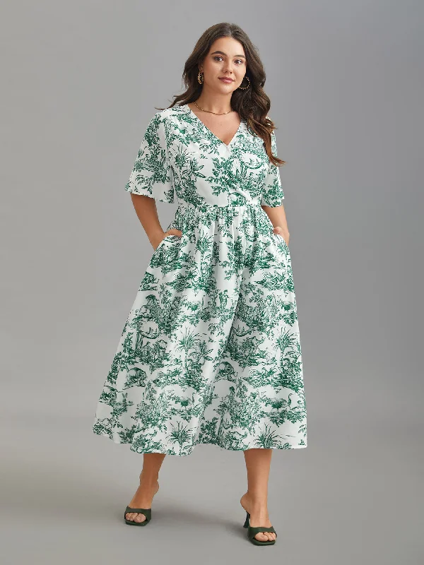 Women's Holiday Outfit Forest Print Waist-Cinched Surplice Neck Dress