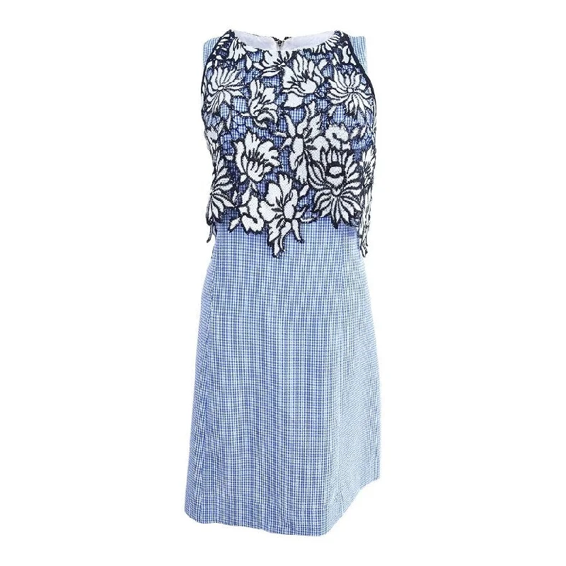 Luxe Women's Fashion Nicole Miller Women's A-line Gingham Lace Popover Dress (10, Blue/White)