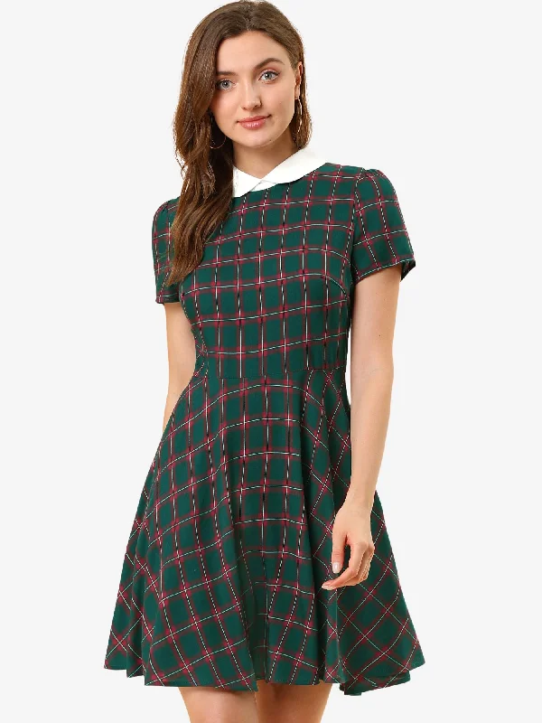 Sale On Sale Plaid Grid Peter Pan Collar Contrast Short Sleeve A-line Dress