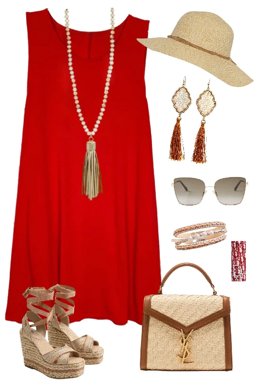 Casual Chic Basic Pocket Tank Dress - Red