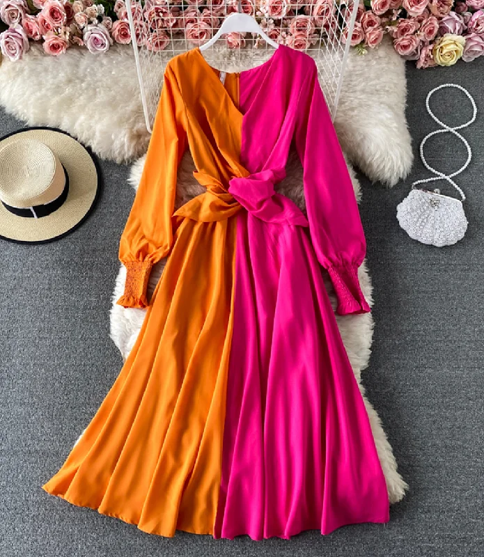 Women's Comfortable Lounge Garments Unique color-blocking long-sleeved dress  869