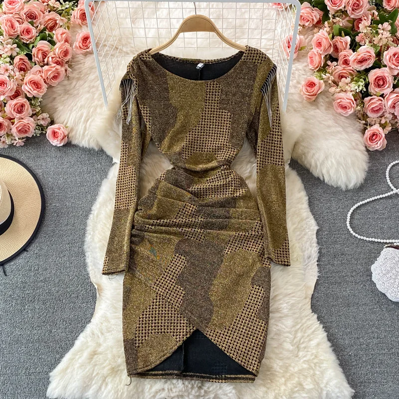 Everyday Fashion Tassel stitched bright silk irregular fold wrap hip round neck dress  3093