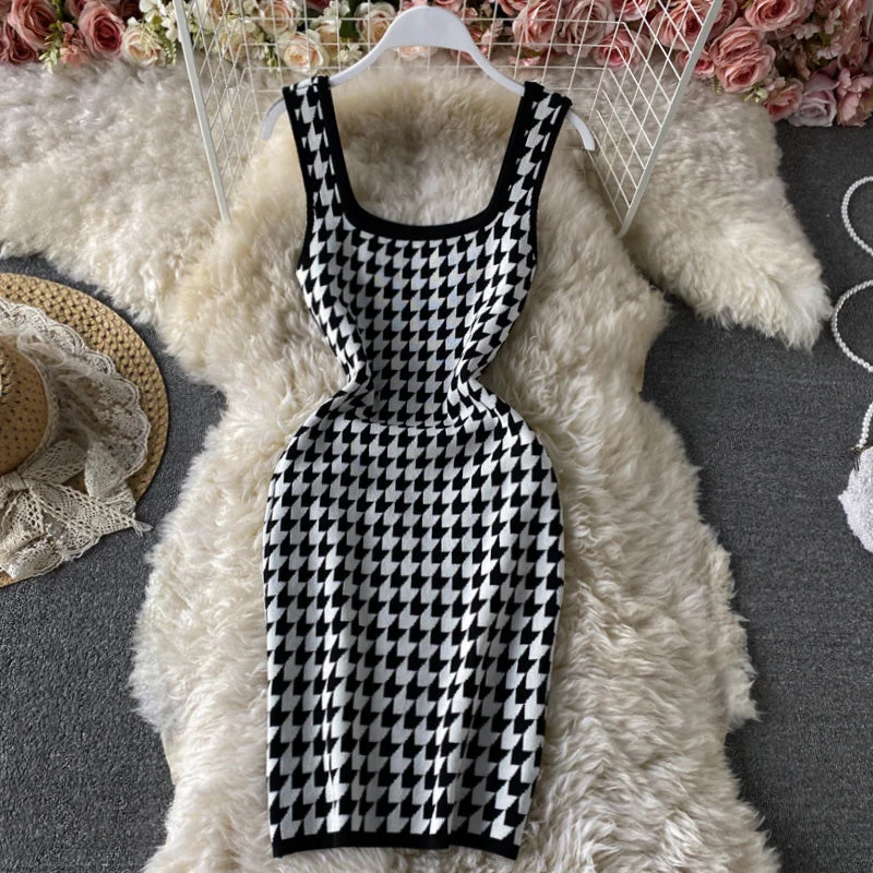 Women's Clothes Vintage square neck thousand bird check black and white contrast dress  2793