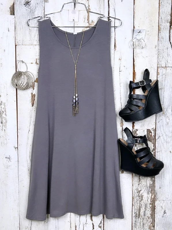 Luxury Women's Clothing Basic Pocket Tank Dress - Grey