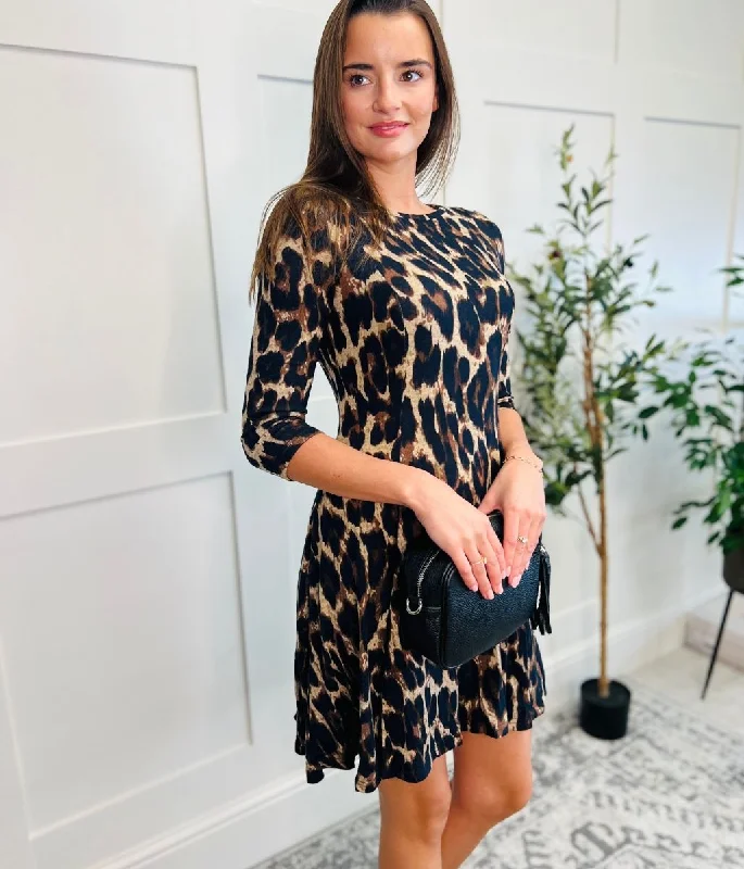 Sale Clearance Leopard Print Paneled Swing Dress