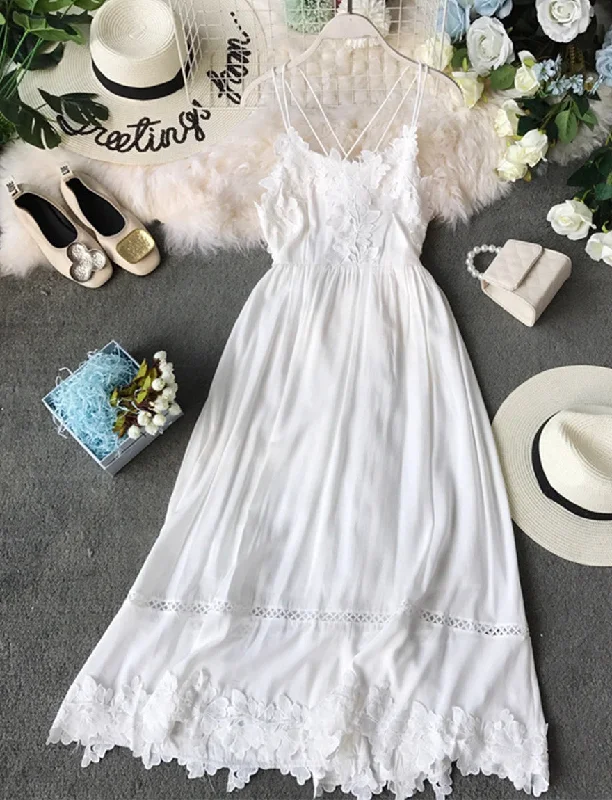 Modern Women's Wardrobe Essentials White lace applique backless dress fashion girl dress  1166