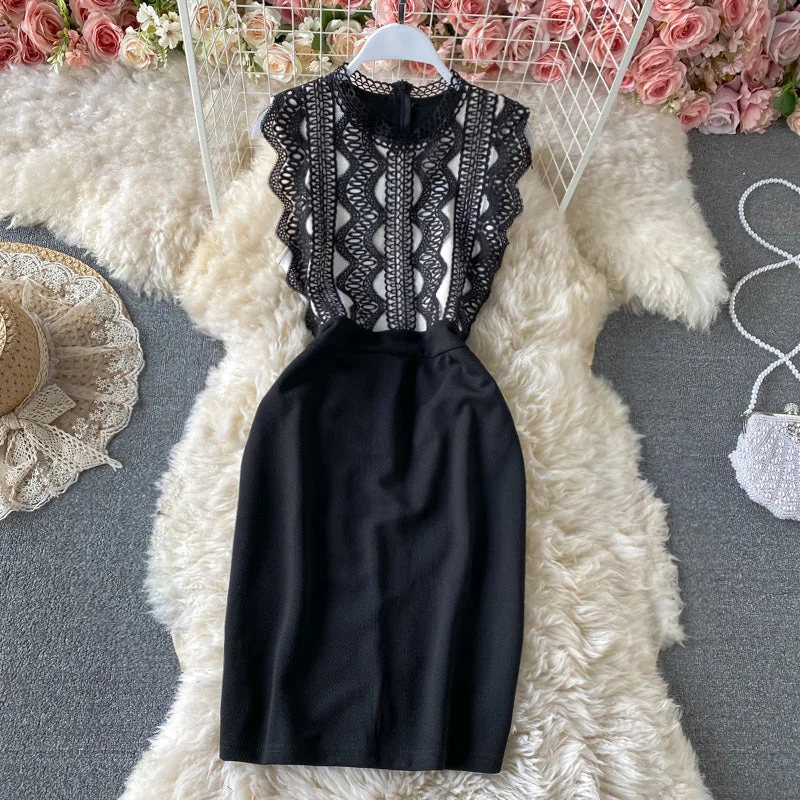 Fashionable Women's Outfit Lace Panel contrast slim wrap hip dress  2892