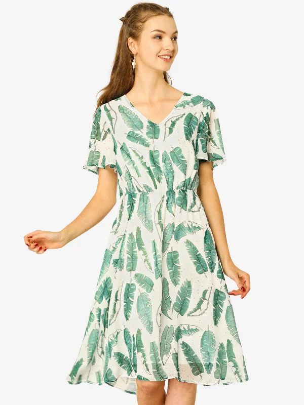 Chic Women's Garments Boho Flowy Hawaiian Tropical Leaves Flutter Sleeve Chiffon Dress