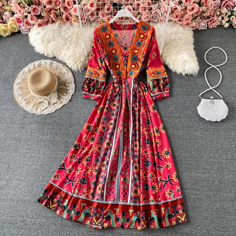 Women's Clothes Heavy industry embroidery V-neck Decor dress  3187