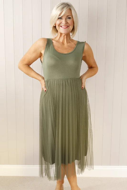 Women's Clothing Stores Tulle pleated dress  Khaki