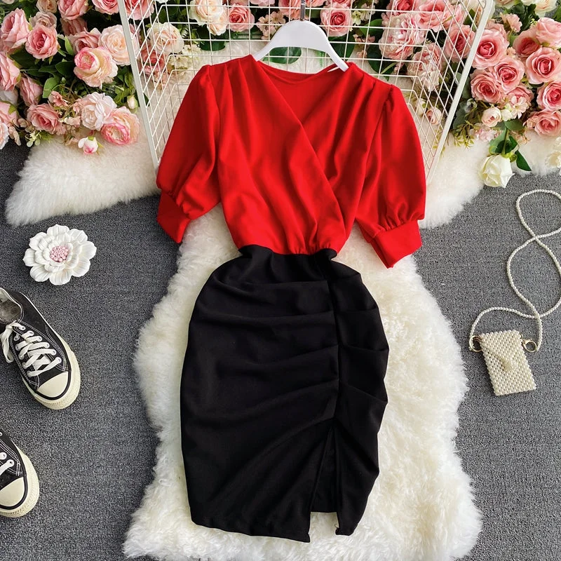 Clearance Sale Pleated waist with thin design and color blocking dress  3421