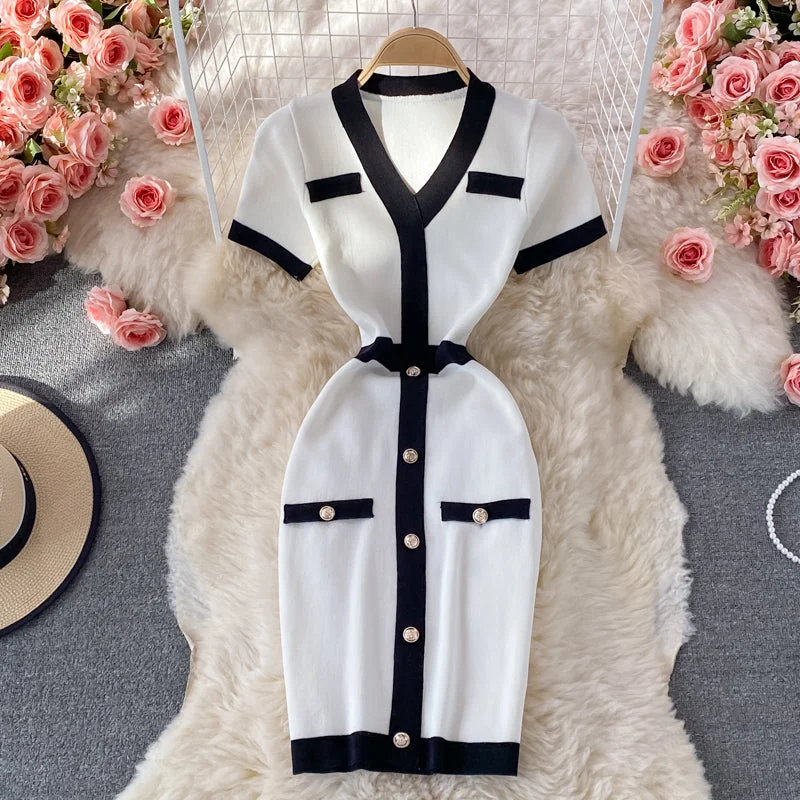 Casual Fashion Small fragrance V-neck knitted dress shows thin Hip Wrap bottom skirt  2909