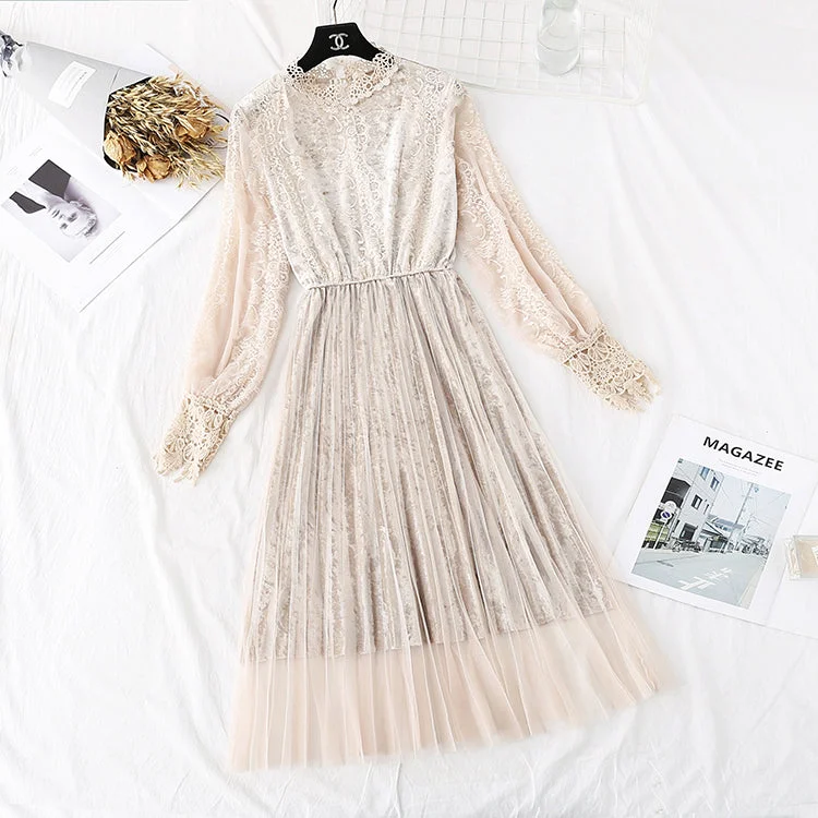 Best Online Boutiques New lace pleated fairy gold velvet mesh dress  4483
