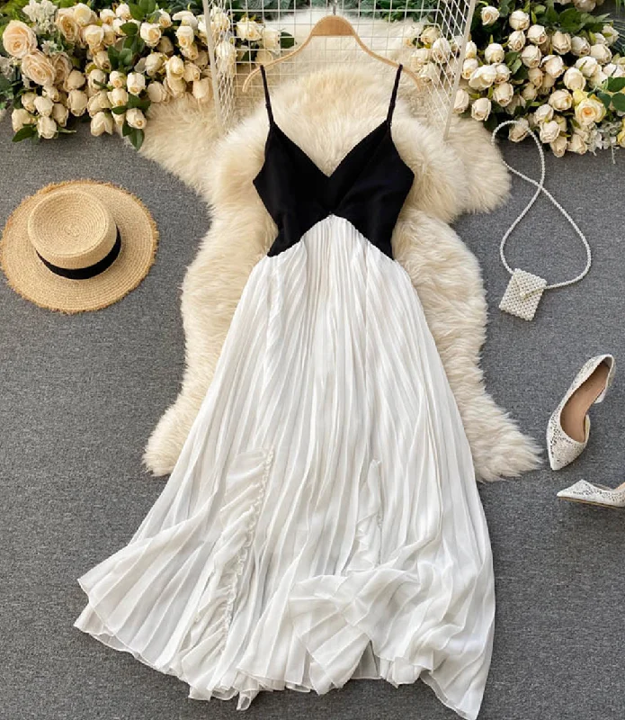 Women's Clothes For Outdoor Events Black and white v neck dress  867