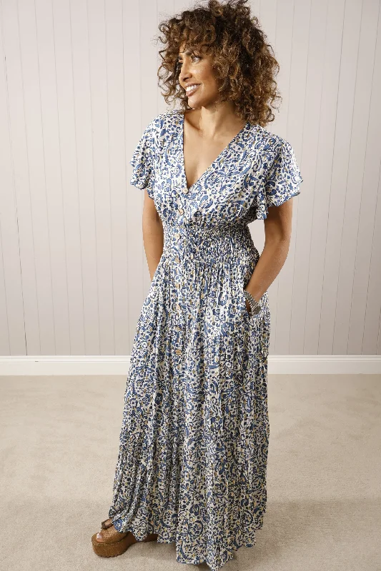 Chic Clothing For Women Gold Leaf Maxi Dress Blue