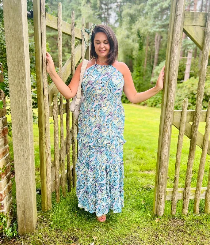 Casual Chic Blue Halter Neck Tiered Maxi Dress