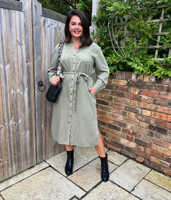 Fashionable Women's Wardrobe Khaki Tencel Belted Midi Shirt Dress