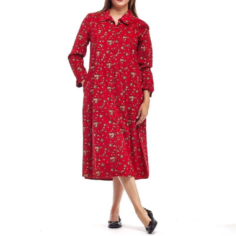 Women's Clothing For Outdoor Activities La Cera Women's Red Cotton Long-sleeved Coduroy Dress