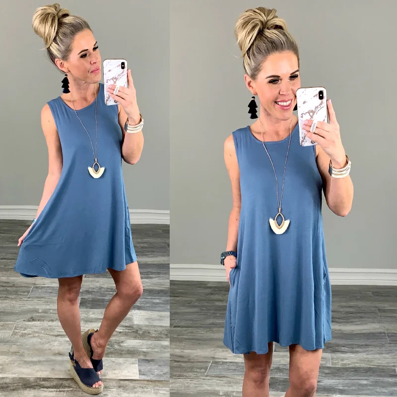 Relaxed Fashion Basic Pocket Tank Dress - Steel Blue