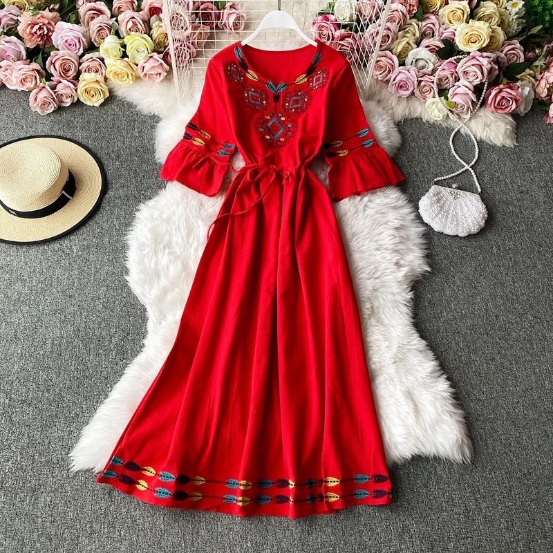 Women's Everyday Clothes Embroidered trumpet sleeve V-neck waist cotton hemp loose holiday dress  2948