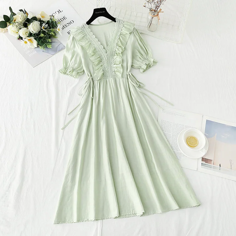 Hot Trends Cotton linen dress French gentle V-neck lace skirt  4887