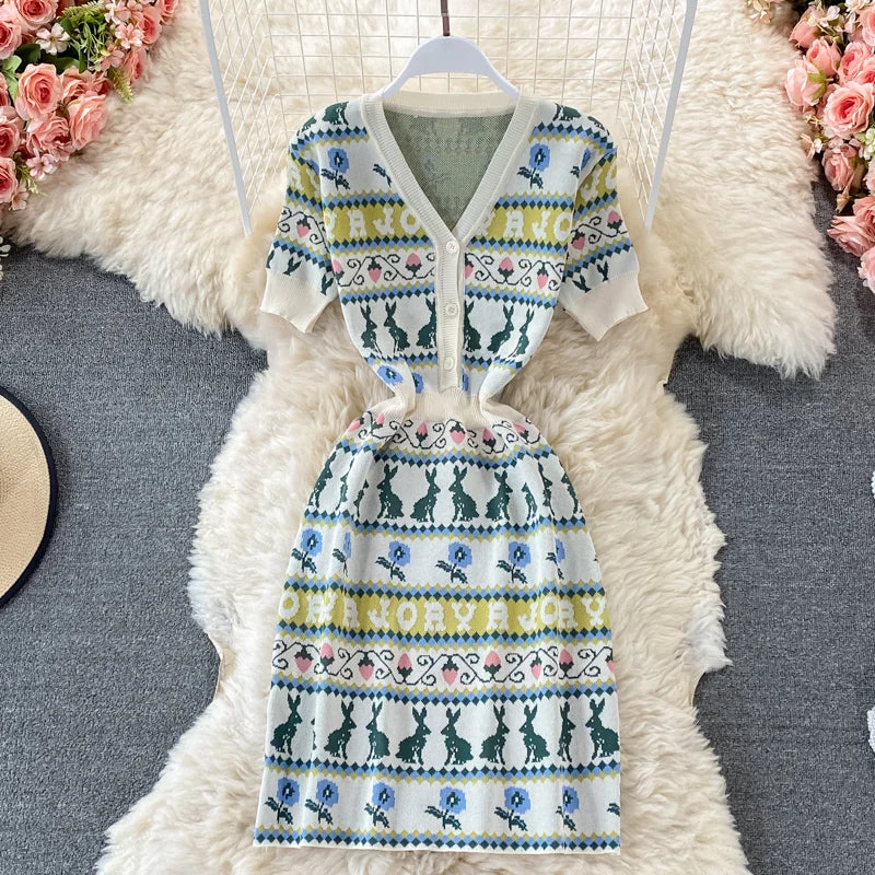 Trendy Women's Fashion Cartoon rabbit letter jacquard V-neck slim dress  3196