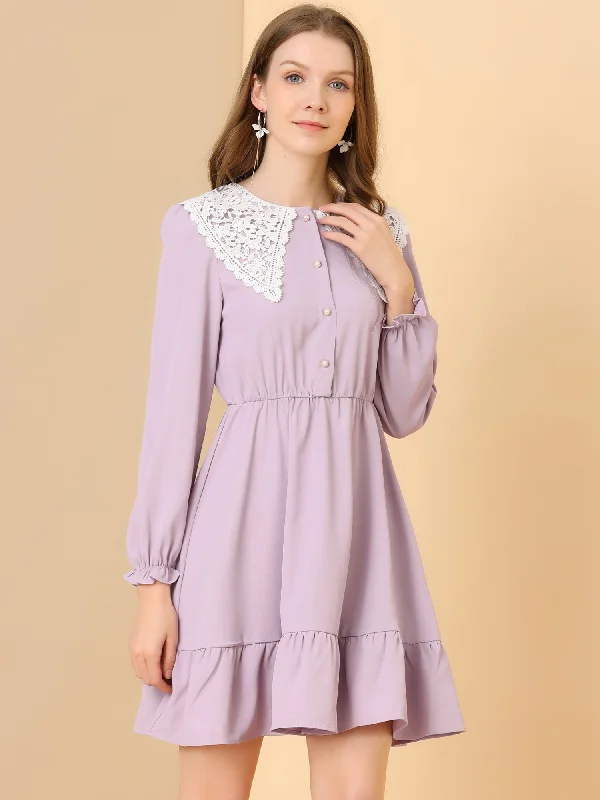 Clearance Sale Online Vintage Ruffle Hem A-Line Crochet Peter Pan Collar Dress